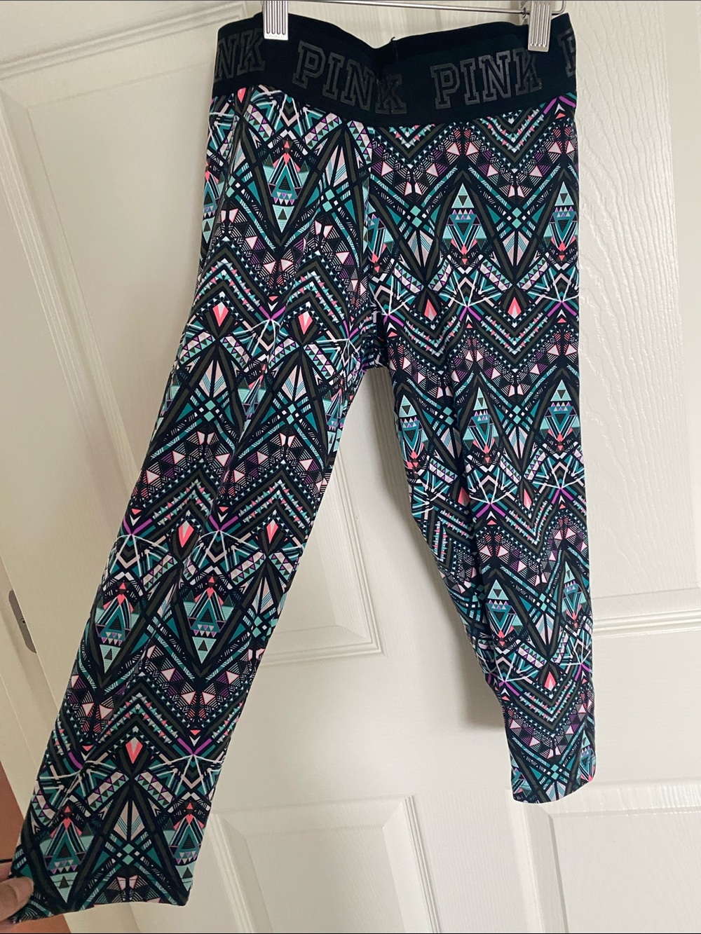 PINK Victoria's Secret Black Geometric Print Leggings with Pink & Teal Accents